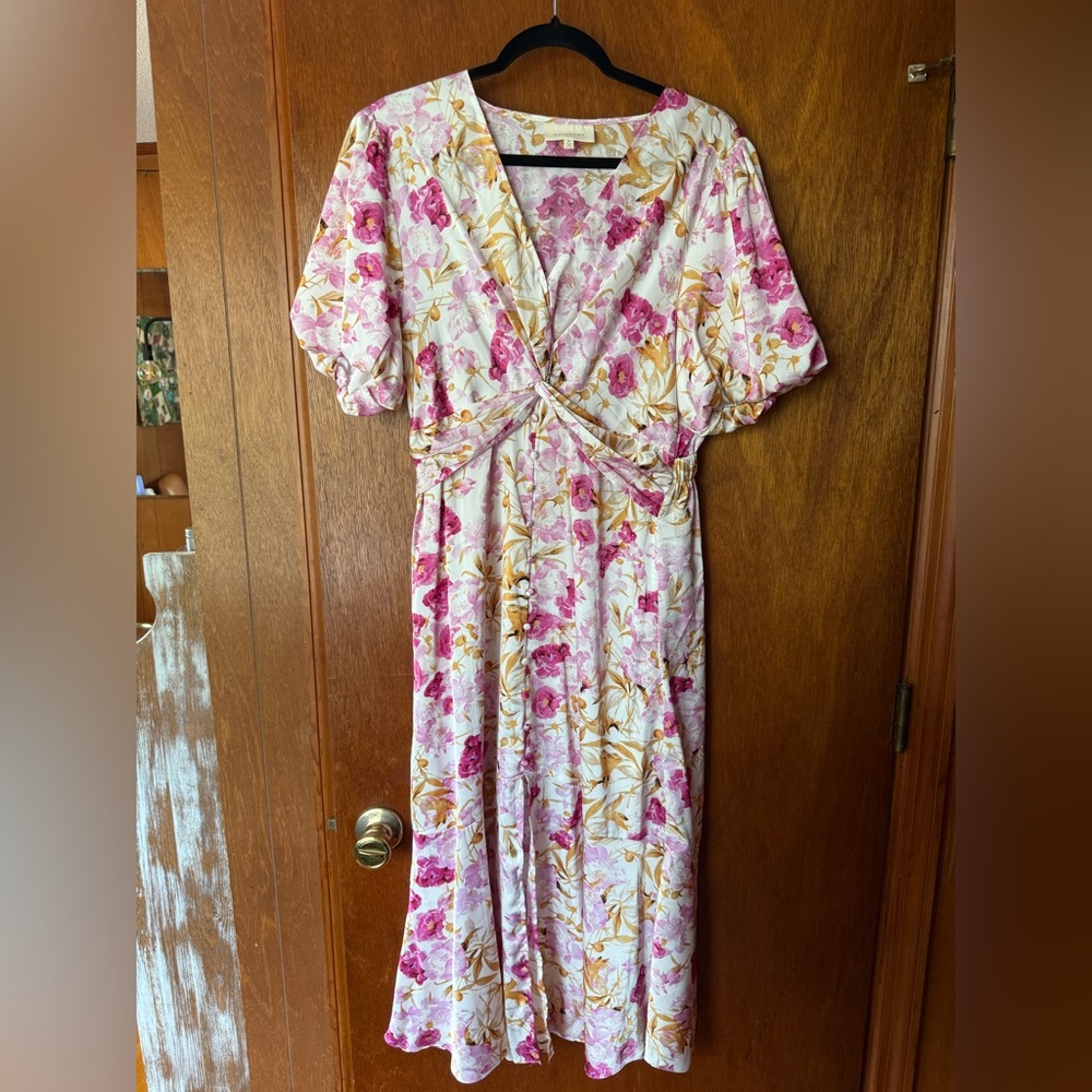 MELLODAY Pink and Green Flutter Sleeve Wrap Midi Dress